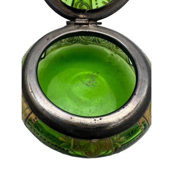 Vintage Green Bohemian Glass Enamel Hinged Patch Trinket Box Moser Style - Picture 6 of 7